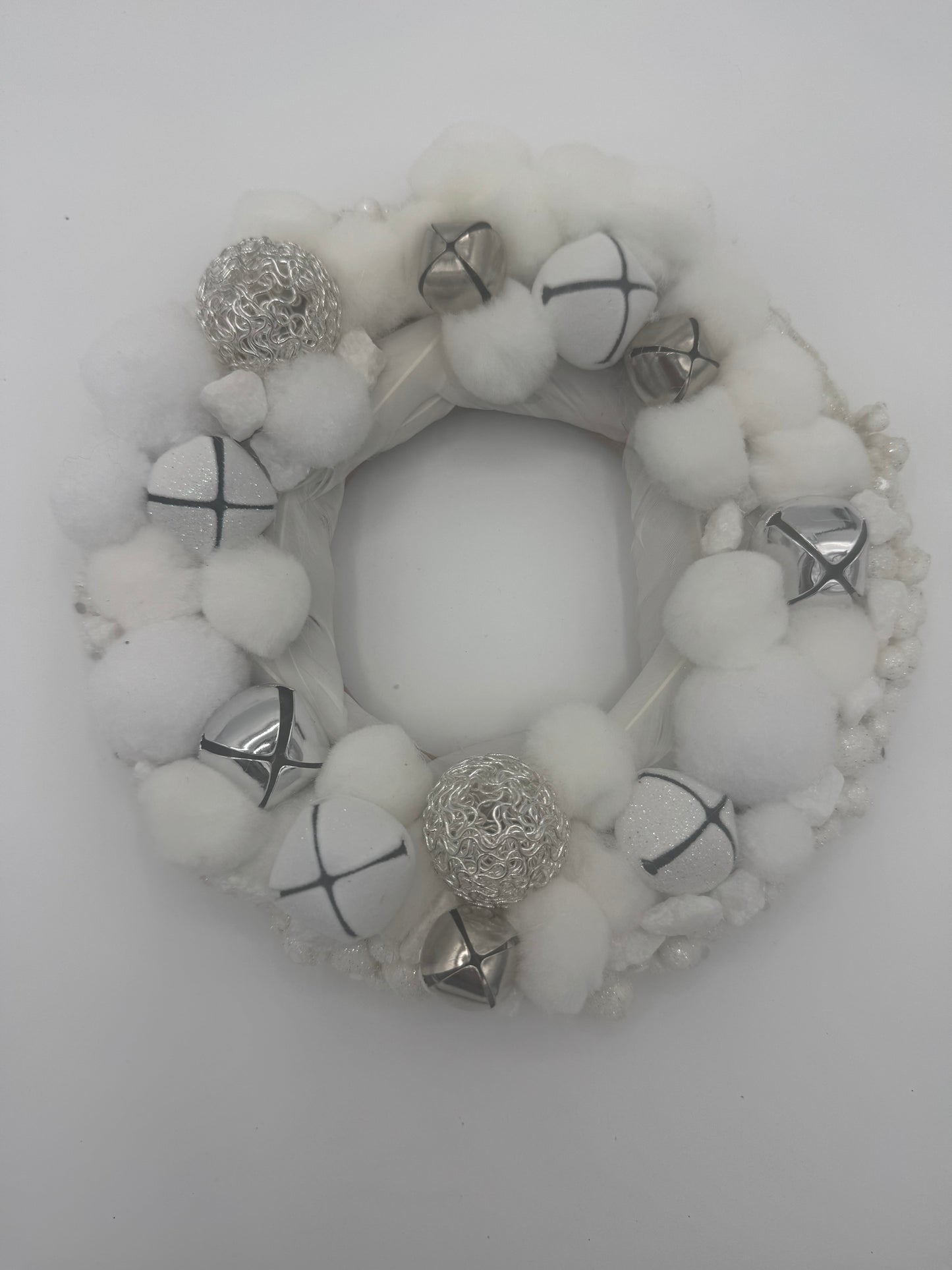 Snow White Feather, Balls, & Bells Mini Wreath