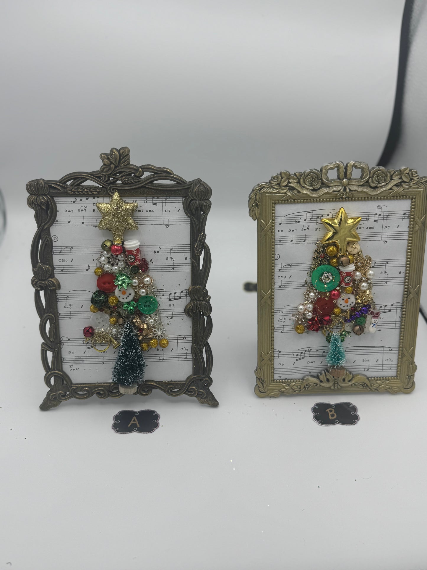 Delightful music-inspired holiday up-cycled jewelry and miniatures framed decor