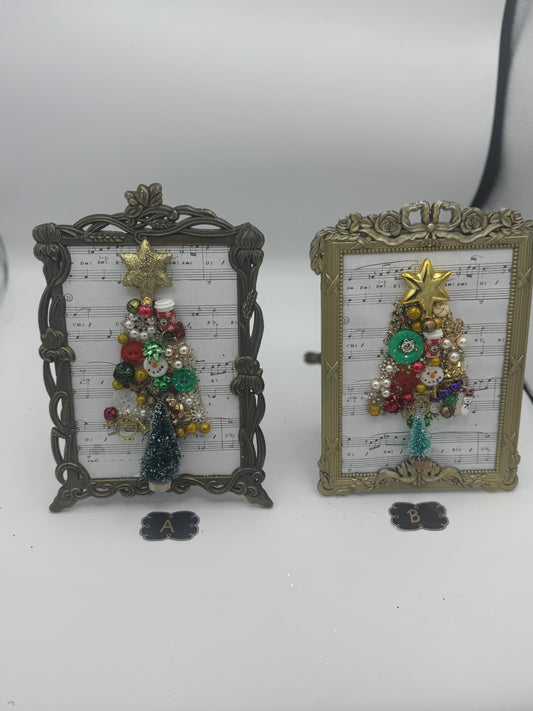 Delightful music-inspired holiday up-cycled jewelry and miniatures framed decor