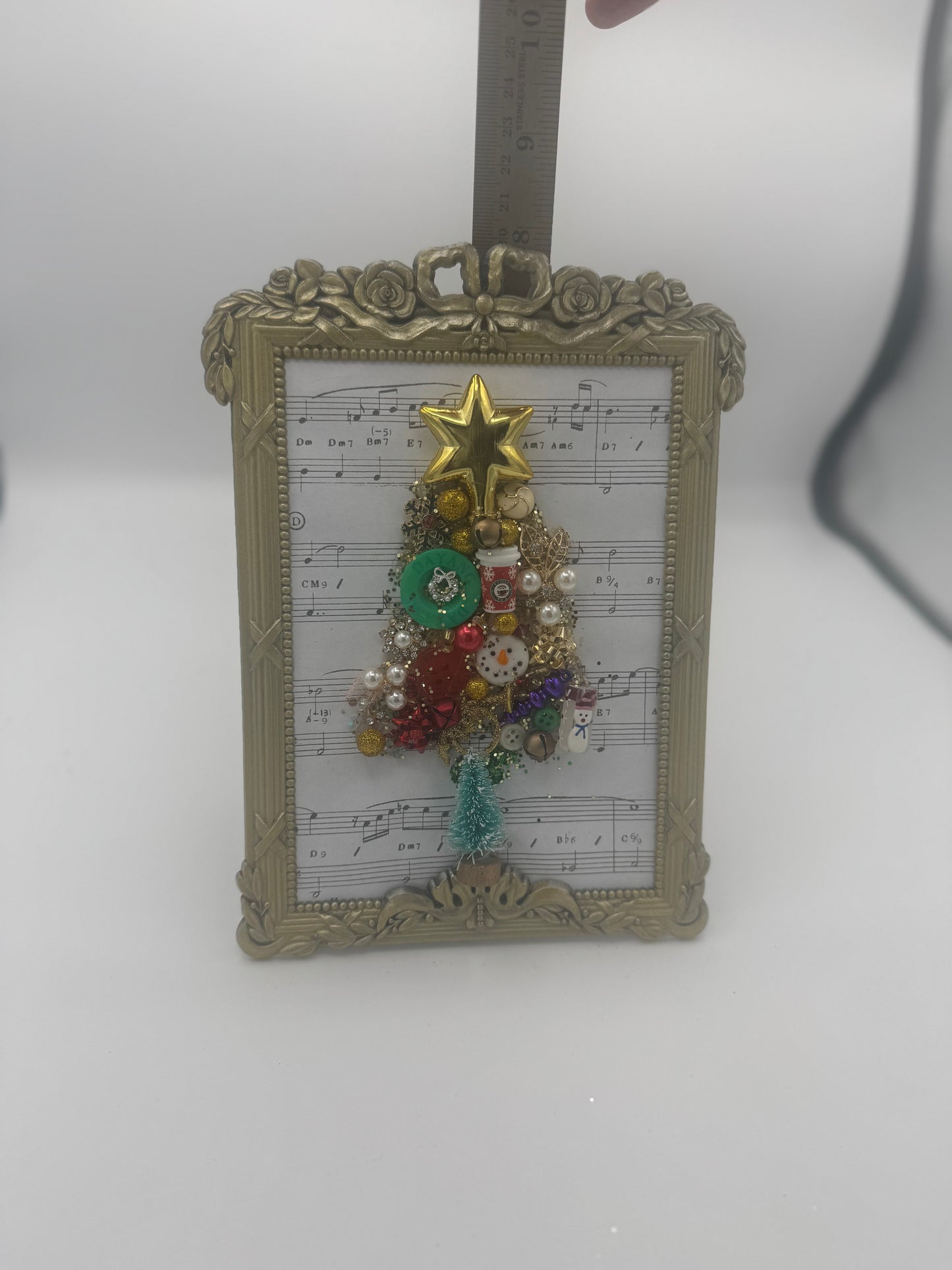 Delightful music-inspired holiday up-cycled jewelry and miniatures framed decor