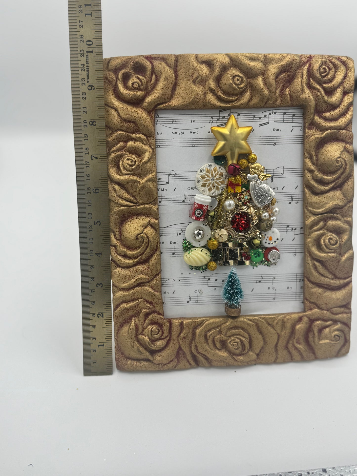 Delightful music-inspired holiday up-cycled jewelry and miniatures framed decor