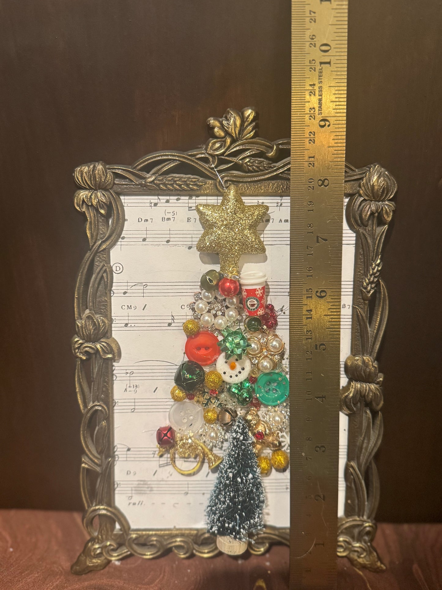 Delightful music-inspired holiday up-cycled jewelry and miniatures framed decor