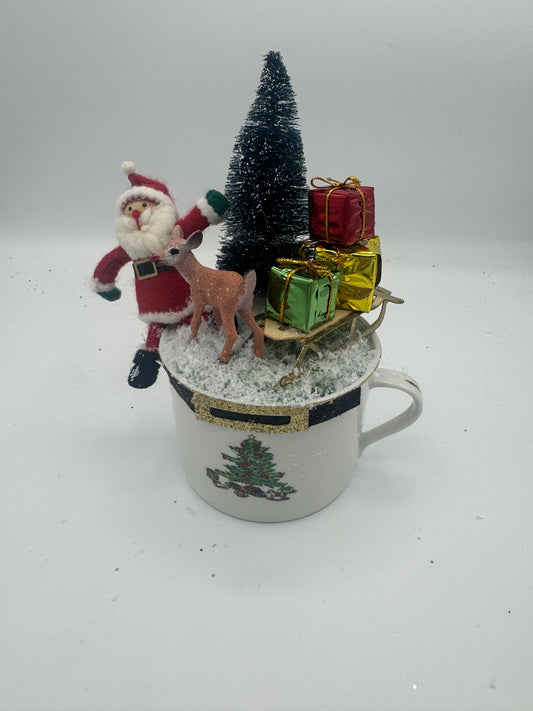 Playful Santa & Reindeer Up-Cycled Mug Decor